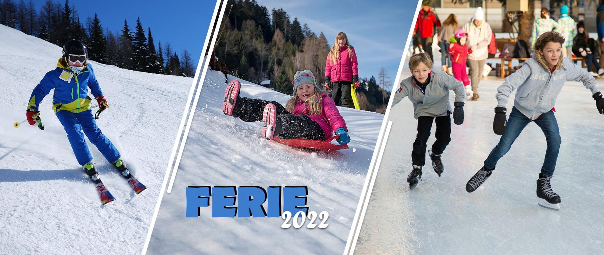 Zdjęcie przedstawiające dzieci w trzech aktywnościach zimowych: jeździe na nartach, zjeżdżaniu z górki na ślizgaczu i jeździe na łyżwach po lodowisku. 