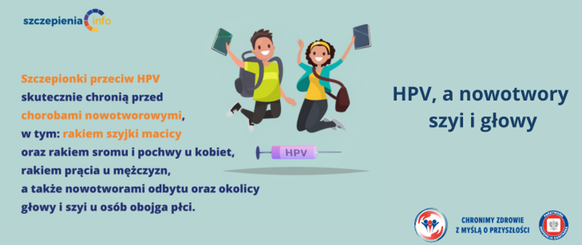 Grafika przedstawia dwójkę uczniów - chłopca i dziewczynkę którzy podskakują trzymając w ręku zeszyty, a na plecach mają tornistry. Po lewej strony znajdują się napisy - Szczepionki przeciw HPV skutecznie chronią przed chorobami nowotworowymi, w tym: rakiem szyjki macicy oraz rakiem sromu i pochwy u kobiet, rakiem prącia u mężczyzn, a także nowotworami odbytu oraz okolicy głowy i szyi u osób obojga płci. Po prawej stronie umieszczono napis HPC, a nowotwory szyi i głowy.W prawym dolnym rogu znajdują się dwa logo Inspekcji Sanitarnej oraz napis Chronimy Zdrowie z Myślą o przyszłości. 