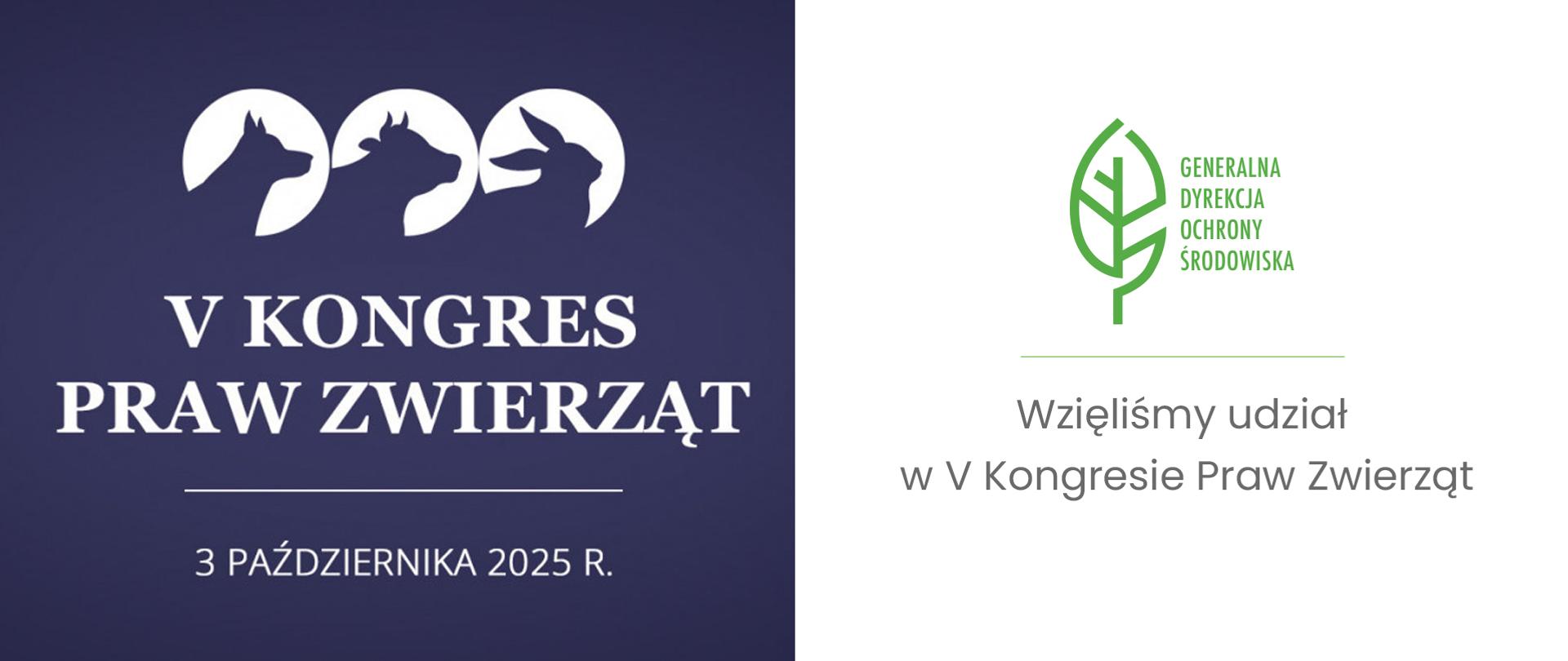 Grafika podzielona jest na dwie części: lewą (ciemnoniebieską) i prawą (białą). Po lewej stronie na górze znajdują się trzy minimalistyczne sylwetki zwierząt (prawdopodobnie psa/wilka, krowy/byka i królika). Poniżej dużymi białymi literami, widnieje napis: "V KONGRES PRAW ZWIERZĄT". Pod linią oddzielającą, mniejszą czcionką, znajduje się data: "3 PAŹDZIERNIKA 2025 R." Po prawej stronie na białym tle widnieje zielono logo przedstawiające stylizowany zielony liść oraz napis GENERALNA DYREKCJA OCHRONY ŚRODOWISKA. Poniżej mniejszą czcionką, znajduje się informacja: "Wzięliśmy udział w V Kongresie Praw Zwierząt".