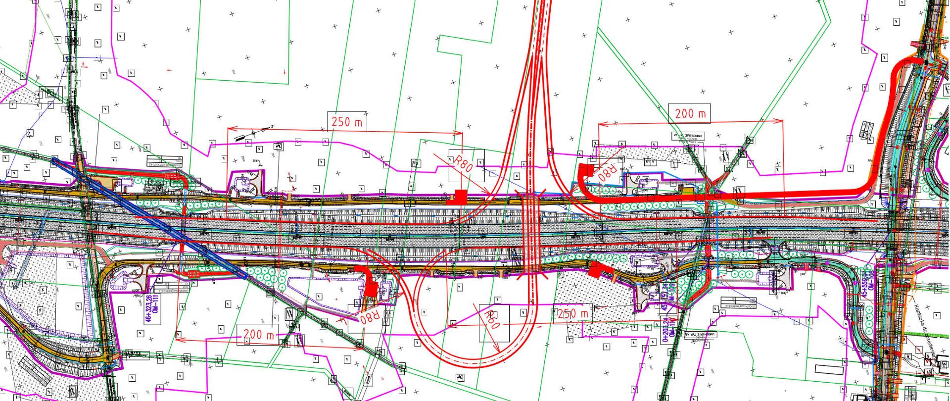 Na czerwono rysunek/szkic przyszłego węzła Żurobice