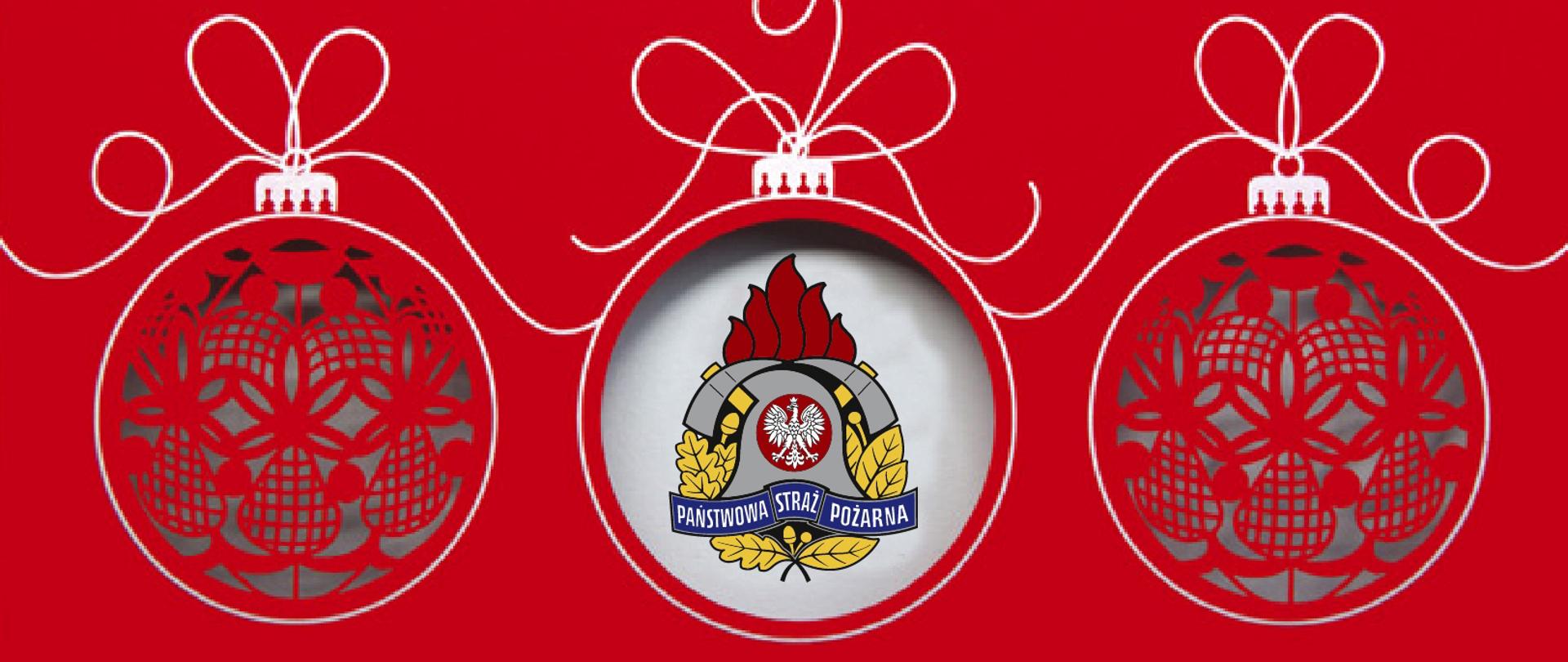 karta z życzeniami w kolorze czerwony przechodząca w kolor biały na samym dole kartki, w górnej części trzy bombki, prawa i lewa z wycinankami w środkowej wnętrze wypełnione kolorem białym a na nim logo państwowej straży pożarnej, poniżej tekst: Z okazji nadchodzących Świąt Bożego Narodzenia, życzę, chwil wypełnionych radością i miłością, niosących spokój i odpoczynek, by w życiu zawsze panowała ta niepowtarzalna świąteczna atmosfera. Wielu budujących myśli, energii potrzebnej do osiągnięcia wszystkich zamierzonych celów oraz wspaniałego Nowego Roku, obfitującego w pasmo sukcesów! starszy brygadier Grzegorz Janowski Łódzki Komendant Wojewódzki Państwowej straży pożarnej w Łodzi, podpis w kolorze niebieskim
