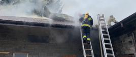 Na zdjęciu widać budynek z którego wydobywa się dym oraz dwie drabiny pożarnicze po których widać wchodzących strażaków podczas działań ratowniczo - gaśniczych. 