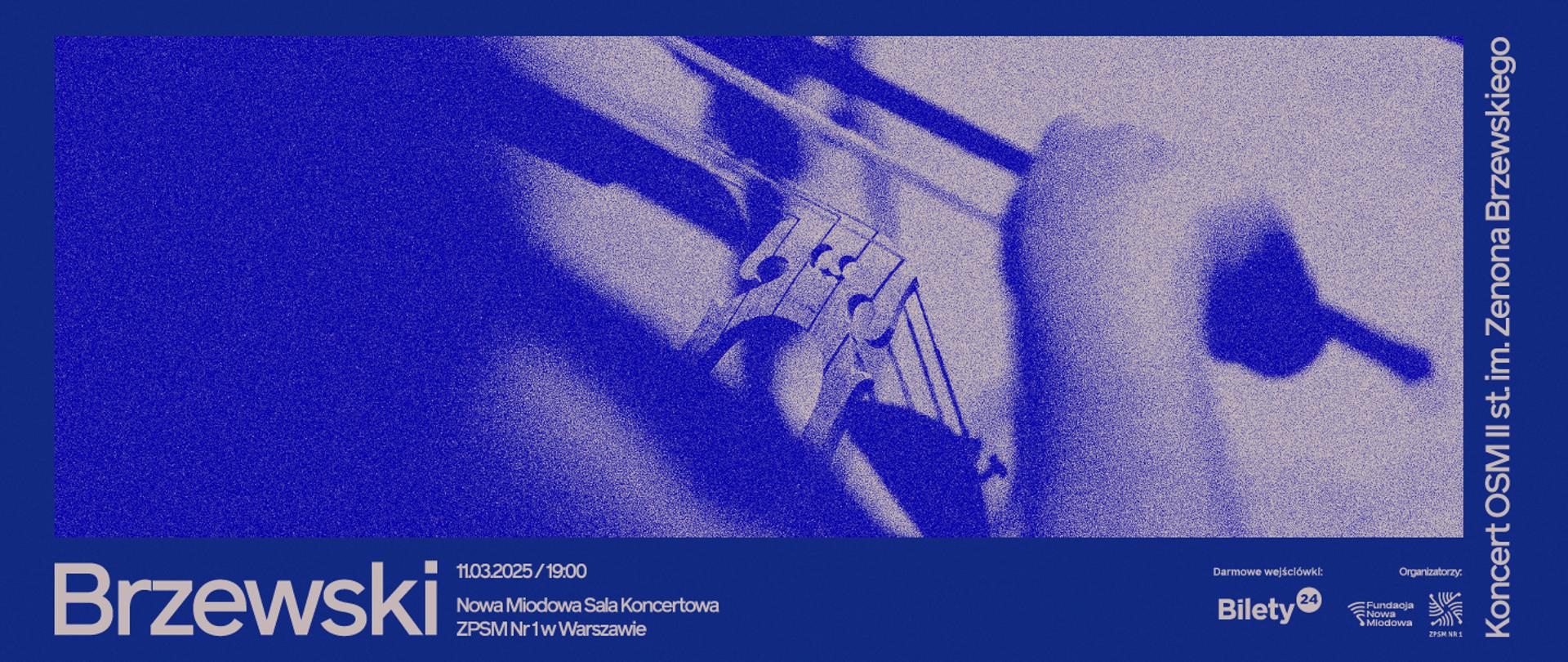 Baner informujący o koncercie uczniów, w tle skrzypce.