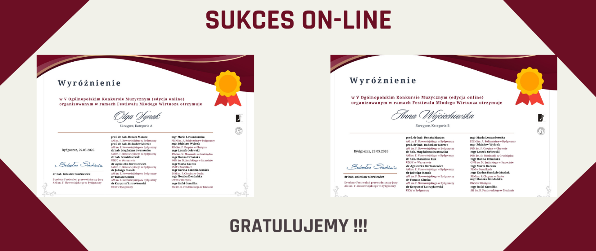 Grafika informuje o sukcesie w konkursie on-line i przedstawia dyplomy dla Olgi Synak oraz Anny Wojciechowskiej