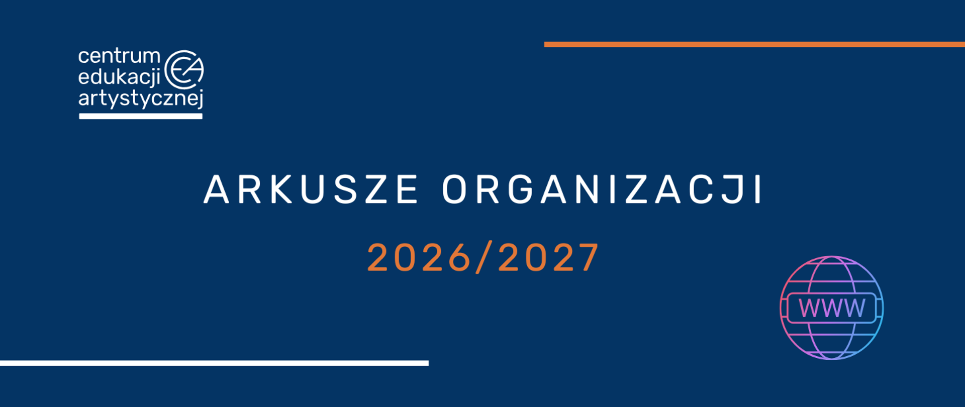 Niebieska grafika z logo CEA w lewym górnym rogu ikoną www w prawym dolnym rogu i tekstem "Arkusze organizacji 2026/2027"