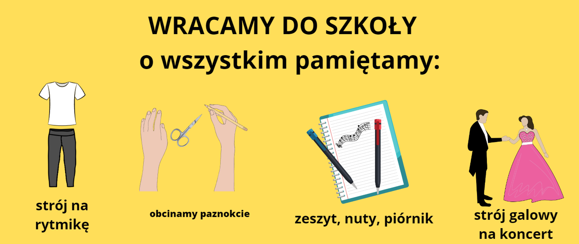 Grafika przedstawiająca na żółtym tle na górze napis czarną czcionką: WRACAMY DO SZKOŁY o wszystkim pamiętamy:. Poniżej z lewej strony grafika przedstawiająca biały t-shirt i czarne spodnie oraz napis poniżej strój na rytmikę; obok grafika przedstawiające dłonie z ołówkiem a po środku nich nożyczki - poniżej napis obcinamy paznokcie; dalej grafika przedstawiająca kołonotatnik i nutami oraz dwa długopisy, a poniżej napis zeszyt, nuty, piórnik; z prawej strony grafika przedstawiająca mężczyznę we fraku i kobietę w sukni balowej, a pod tym napis strój galowy na koncert.