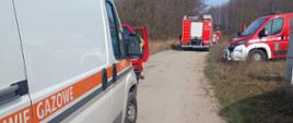 Na zdjęciu widać samochody straży pożarnej oraz pogotowia gazowego, które przybyły na teren działań.