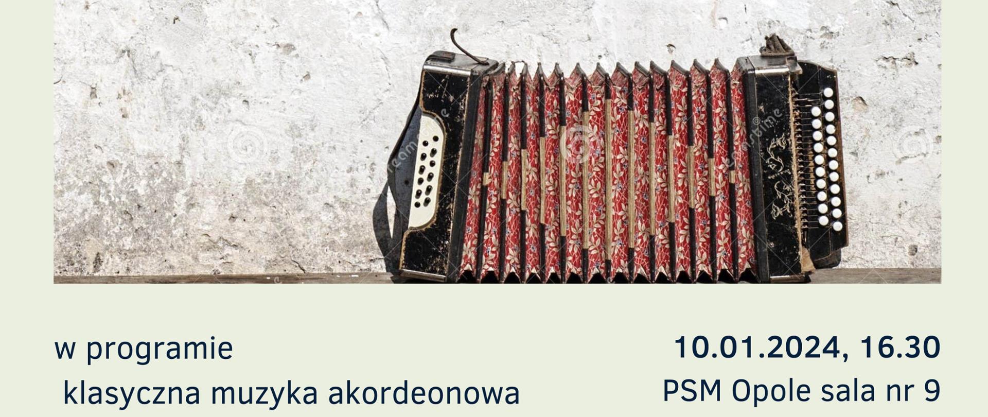 w dolnej części akordeon guzikowy na tle szarej ściany