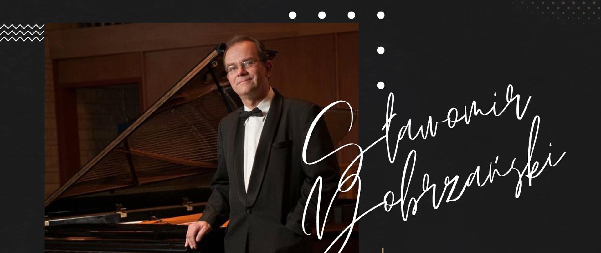 Plakat informacyjny ukazujący artystę na tle fortepianu oraz datę i miejsce wydarzenia 14 marca 2023 sala koncertowa