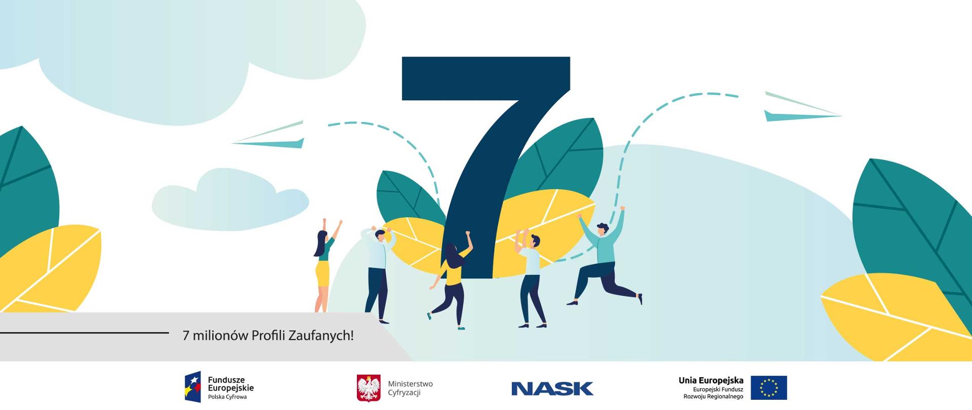Grafika komputerowa: na środku duża granatowa cyfra 7. Wokół niej radujące się osoby, tańczące lub w podskokach. Ozdobne elementy - liście, chmury. Napis: 7 milionów Profili Zaufanych!