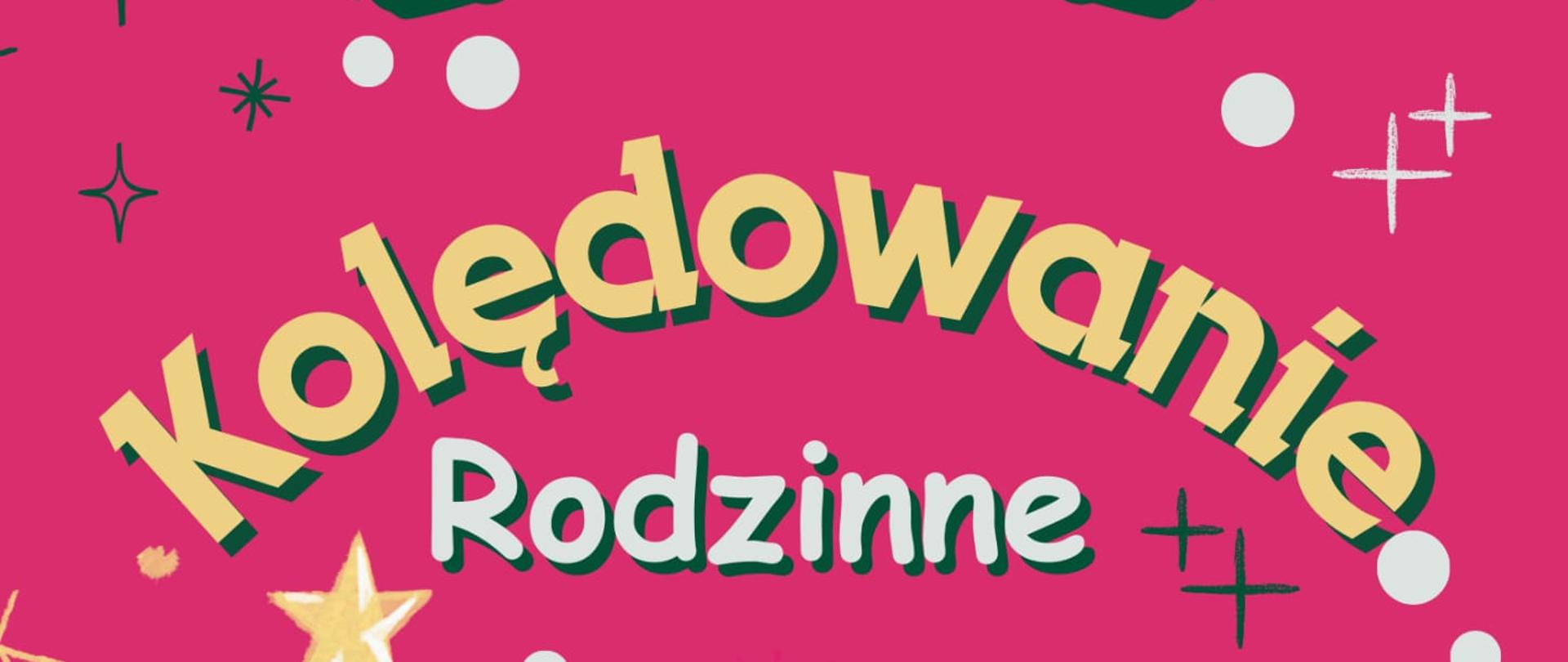 plakat w kolorach czerwono-zielonym z białymi napisami. W lewym dolnym rogu choinka przystrojona ozdobami świątecznymi.