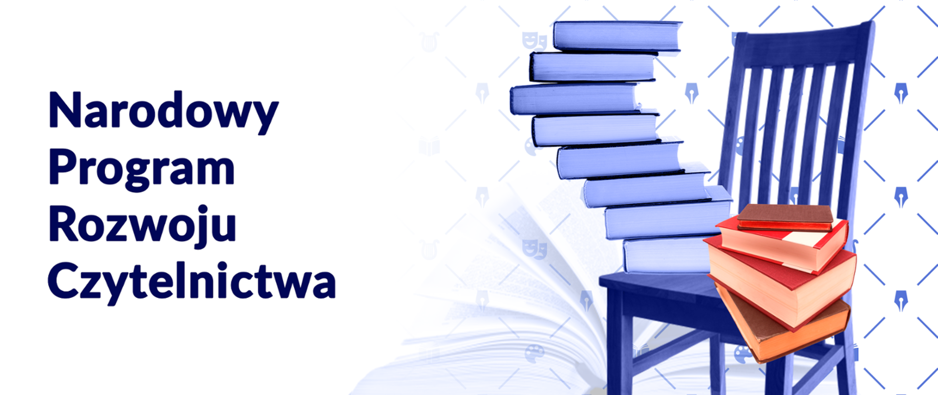 Napis "Narodowy Program Rozwoju Czytelnictwa". Książki na krześle.
