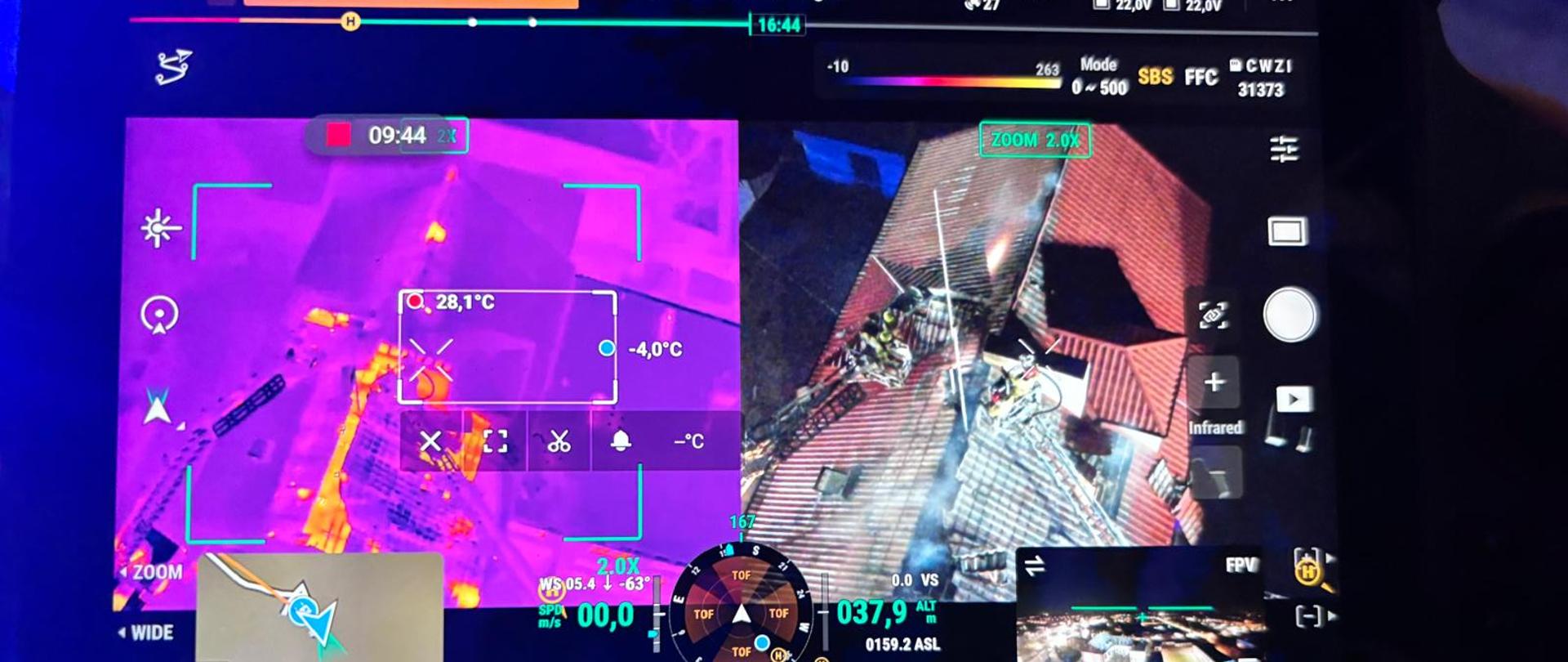 Zdjęcie monitora kamery termowizyjnej na której widać dach budynku urzędu gminy i miasta w Witkowie. Na zdjęciu widać obraz z kamery termowizyjnej oraz zwykłej kamery w trakcie prowadzonych prac rozbiórkowych. 