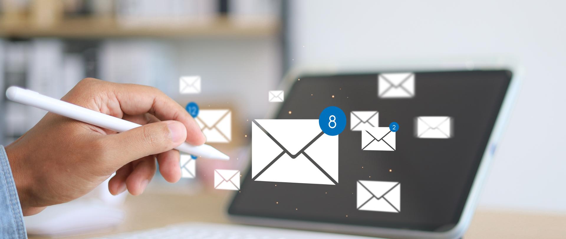 Person checking smartphone with email icons floating above. Concept of digital communication, mobile inbox, real-time notification, and online message system.