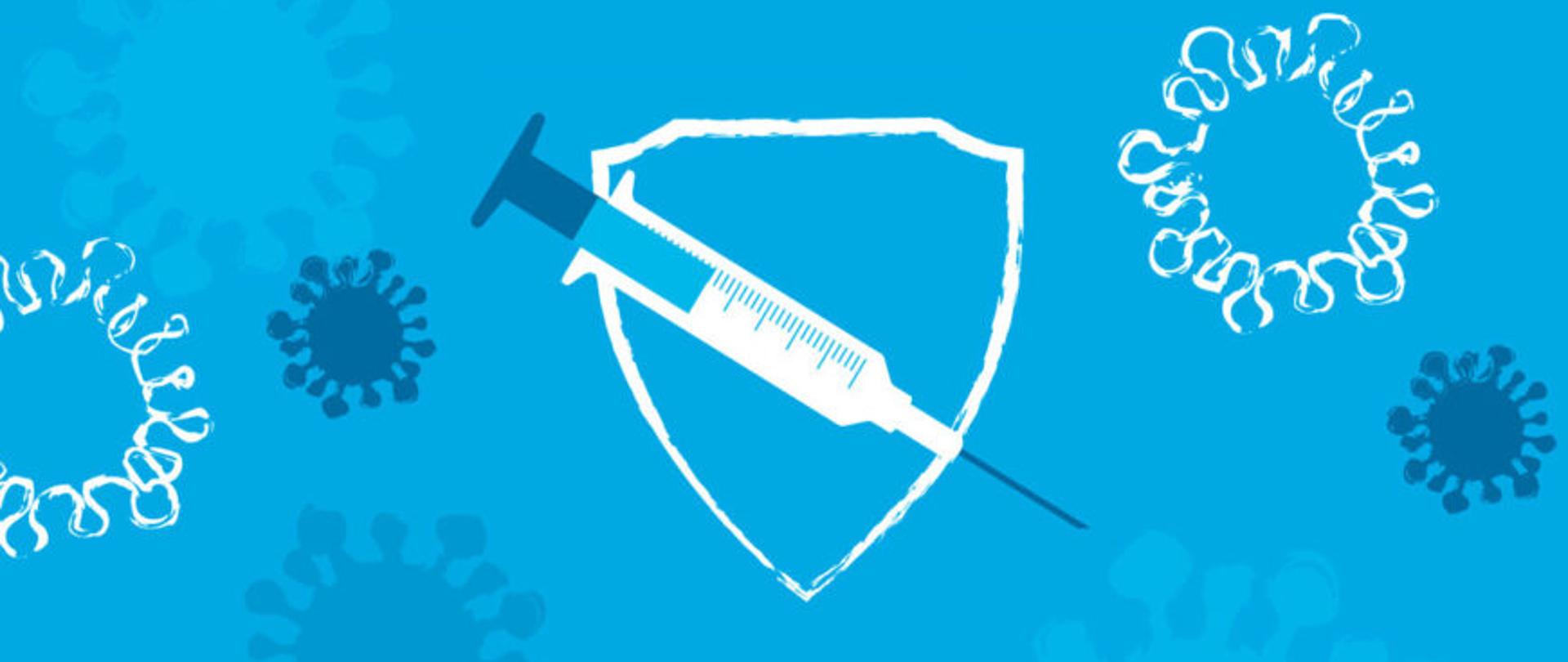 Grafika przedstawia tarczę, na której widoczna jest strzykawka. Tło jest utrzymane w odcieniach niebieskiego, na którym znajdują się graficzne ujęcia przedstawiające wirusy.