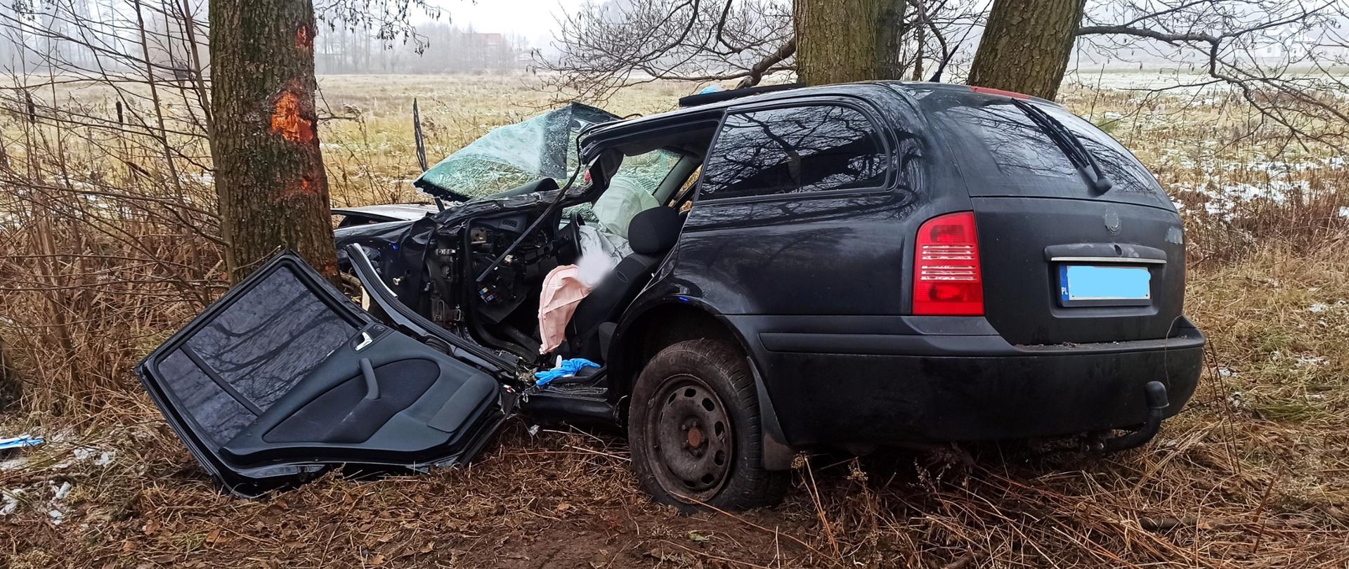 Zdjęcie przedstawia pojazd-Skoda Octavia, który bezpośrednio brał udział w zdarzeniu. Kierująca uderzyła w przydrożne drzewo lewą stroną pojazdu na wysokości przednich drzwi. Wszystkie poduszki powietrzne zadziałały poprawnie i otworzyły się. Drzwi kierowcy oraz tylne drzwi zostały usunięte przez strażaków w celu dotarcia do osoby poszkodowanej. Drzewo ma widoczne otarcia od uderzenia.