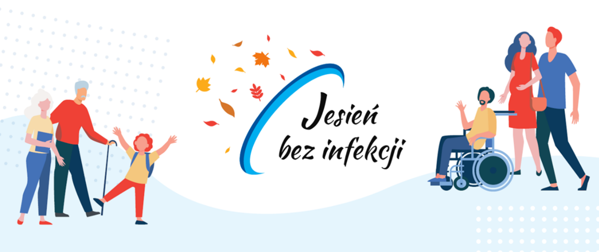 Ilustracja przedstawia osoby w różnym wieku, w tym seniorów, dziecko oraz osobę poruszającą się na wózku, a w centrum znajduje się napis „Jesień bez infekcji” otoczony jesiennymi liśćmi.