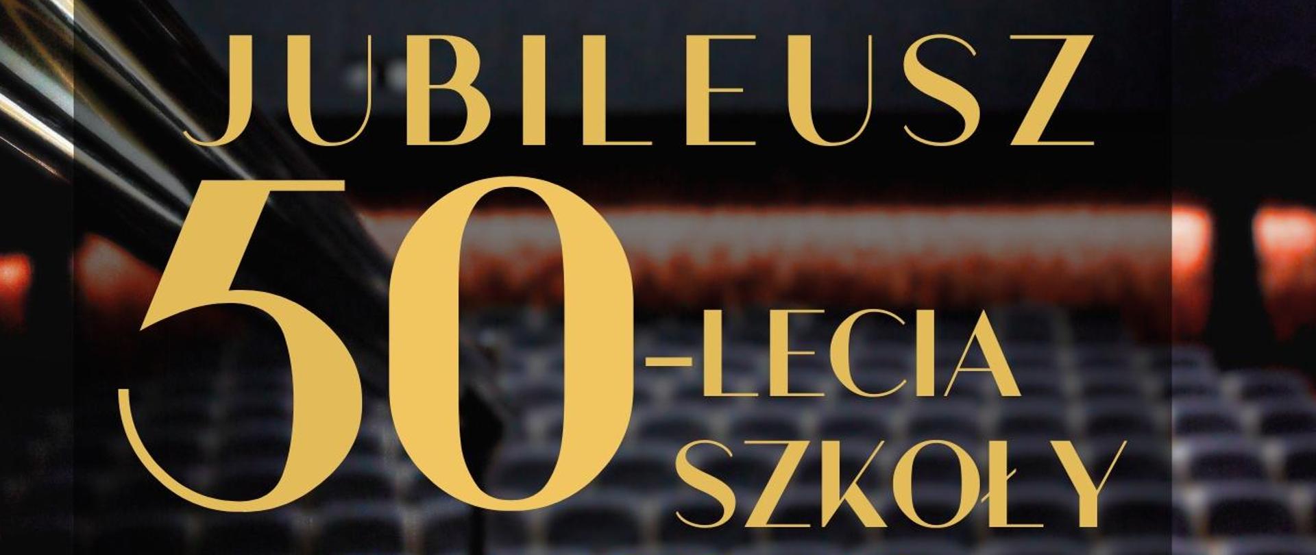 Plakat Jubileuszowy. W tle sala koncertowa, z klawiaturą fortepianu. U góry logo szkoły, poniżej tekst w kolorze złotym: Jubileusz 50-lecia szkoły, 14 maja 2024 Koncert " Duet na 149 klawiszy" godz. 17.00, 23 maja 2024 koncert w wykonaniu absolwentów szkoły godz. 17.00, 24 maja 2024 godz. 15.00 Uroczysta gala jubileuszowa. Państwowa Szkoła Muzyczna I stopnia im. Rodziny Wiłkomirskich w Swidniku. Poniżej logotypy urzędów patronatu honorowego, patronatu medialnego, sponsorów. 