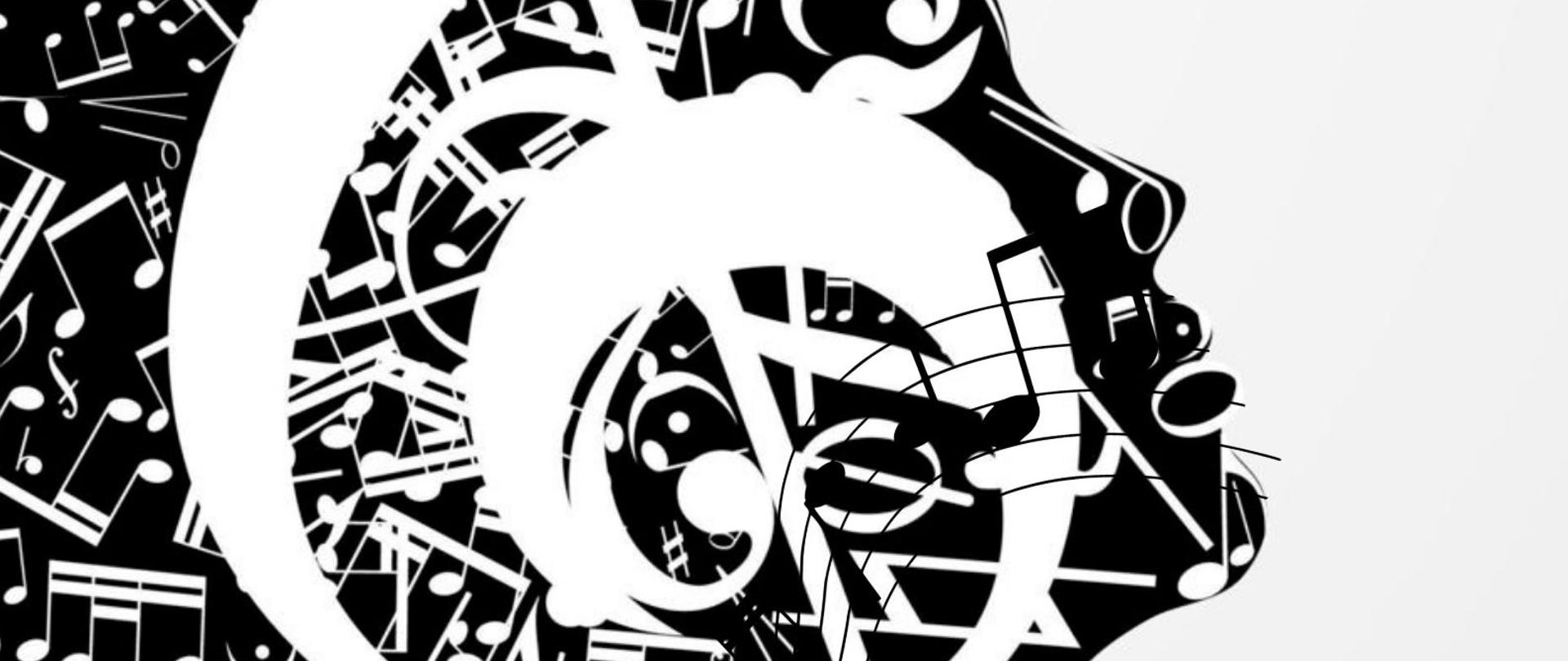 Plakat w pionie informujący o koncercie dorocznym uczniów i pedagogów, który odbędzie się 17 czerwca o godzinie 17:30. Głównym elementem plakatu jest rysunek profilu twarzy ludzkiej, złożonego z klucza wiolinowego , nut i znaków muzycznych. Nad rysunkiem niebieskimi literami Doroczny Koncert, u dołu plakatu data i godzina koncertu, oraz informacja o wolnym wstępie. 