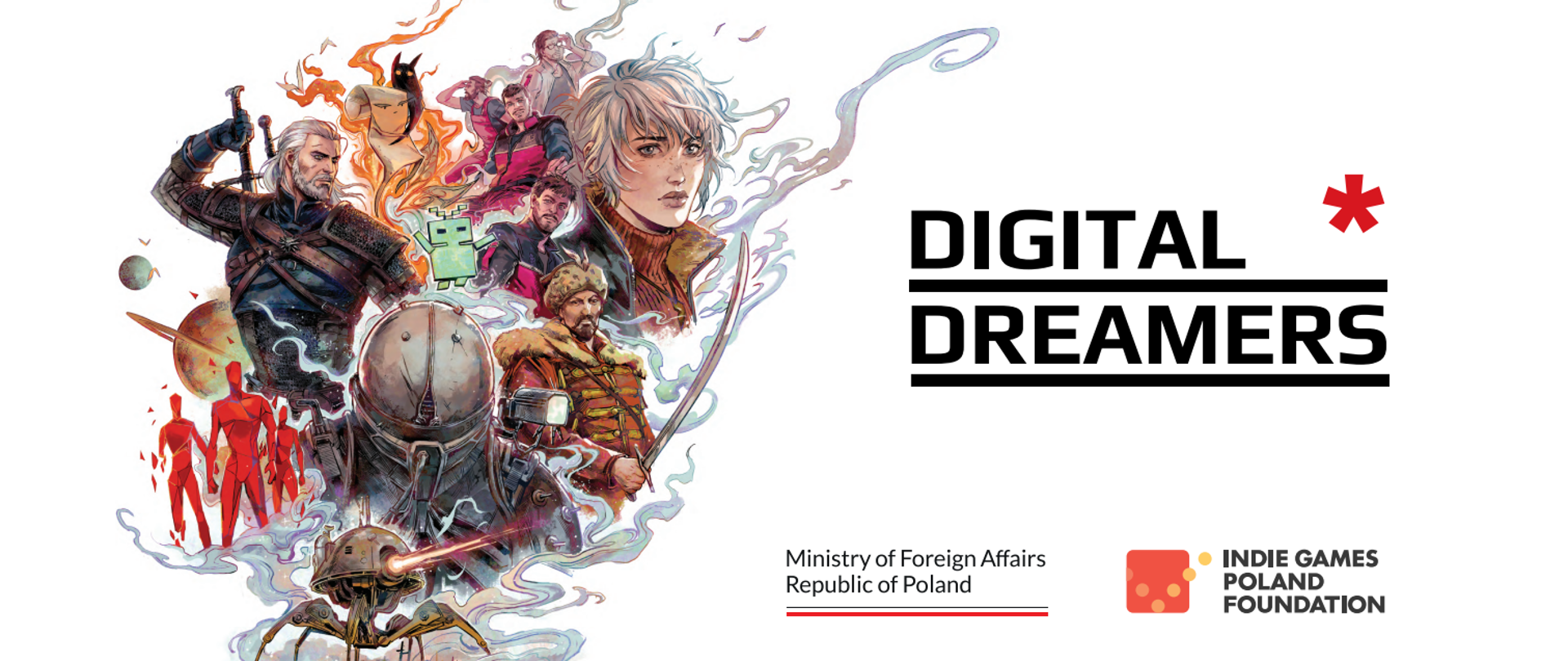 Grafika przedstawia plakat z postaciami z polskich gier video oraz napis Digital Dreamers 
