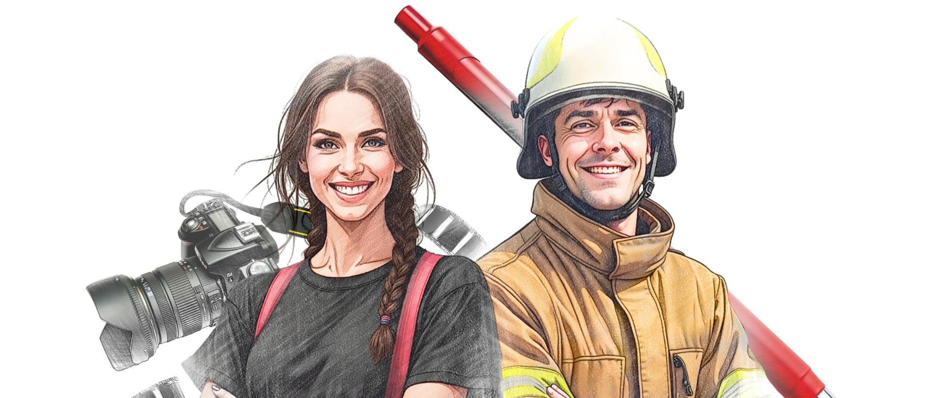 Strażak po prawej w ubraniu bojowym, po lewej kobieta obok niej aparat fotograficzny 