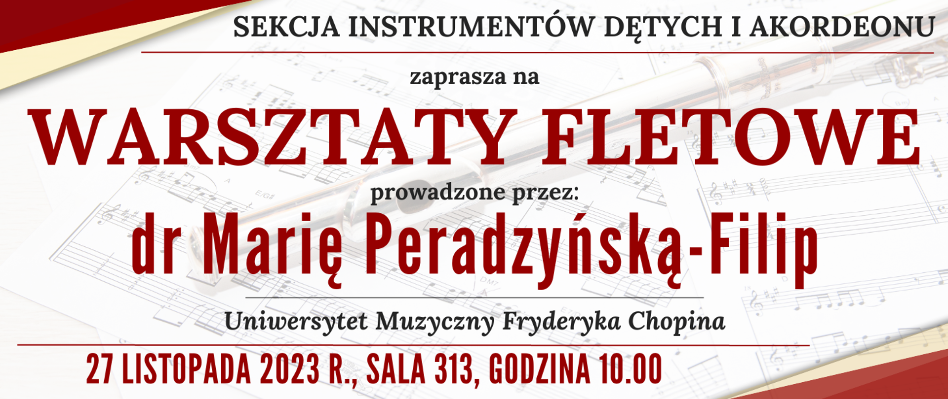 kolorowe tło z widocznym półprzezroczystym fletem poprzecznym na nutach oraz informacja o wydarzeniu