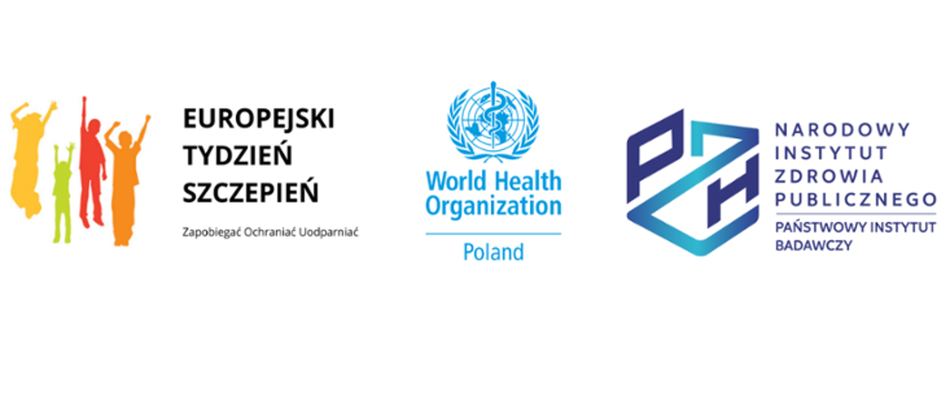 Hasło Europejskiego Tygodnia Szczepień - Zapobiegać Ochraniać Uodparniać. Grafika przedstawia logo WHO, NIZP-PIB 