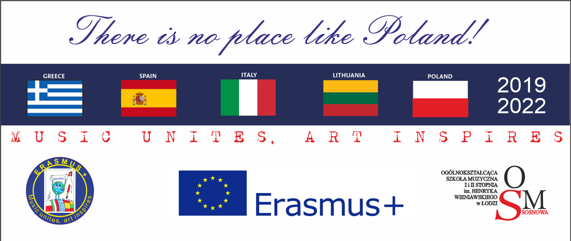 Plakat przedstawia w górnej części na białym tle niebieski napis There is no place like Poland. Poniżej na ciemnoniebieskim tle umieszczone są flagi państw biorących udział w programie Erasmus plus, są to flagi Grecji, Hiszpanii, Włoch, Litwy oraz Polski. Poniżej na białym tle widnieje czerwony napis Music Unites, Art Inspires. W dolnej części plakatu są umieszczone trzy loga, logo mobilności Erasmus plus, logo Erasmus plus oraz logo Ogólnokształcącej Szkoły Muzycznej im. Henryka Wieniawskiego w Łodzi.