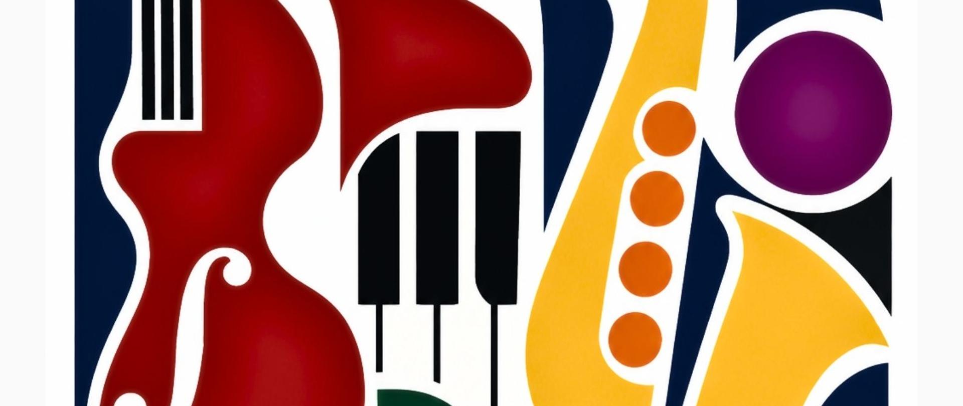 Białe tło z grafiką kolorowych instrumentów, logo szkoły, tekst dotyczący koncertu z okazji Międzynarodowego Dnia Muzyki 6.10.2026 o godz. 16.00