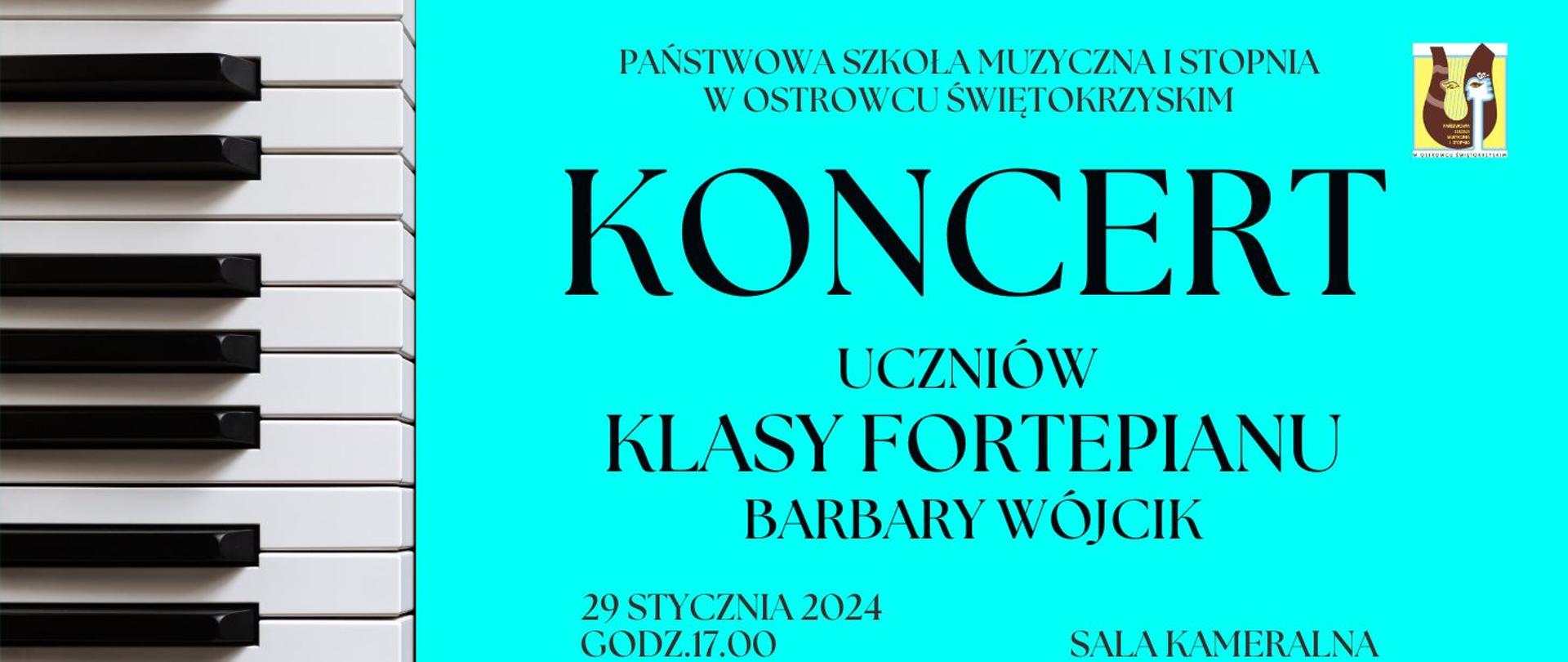 napisy w kolorze czarnym na tle w kolorze zielonym i z klawiaturą fortepianu po lewej stronie i z logiem szkoły w lewym górnym rogu