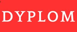 Na czerwonym tle napis DYPLOM