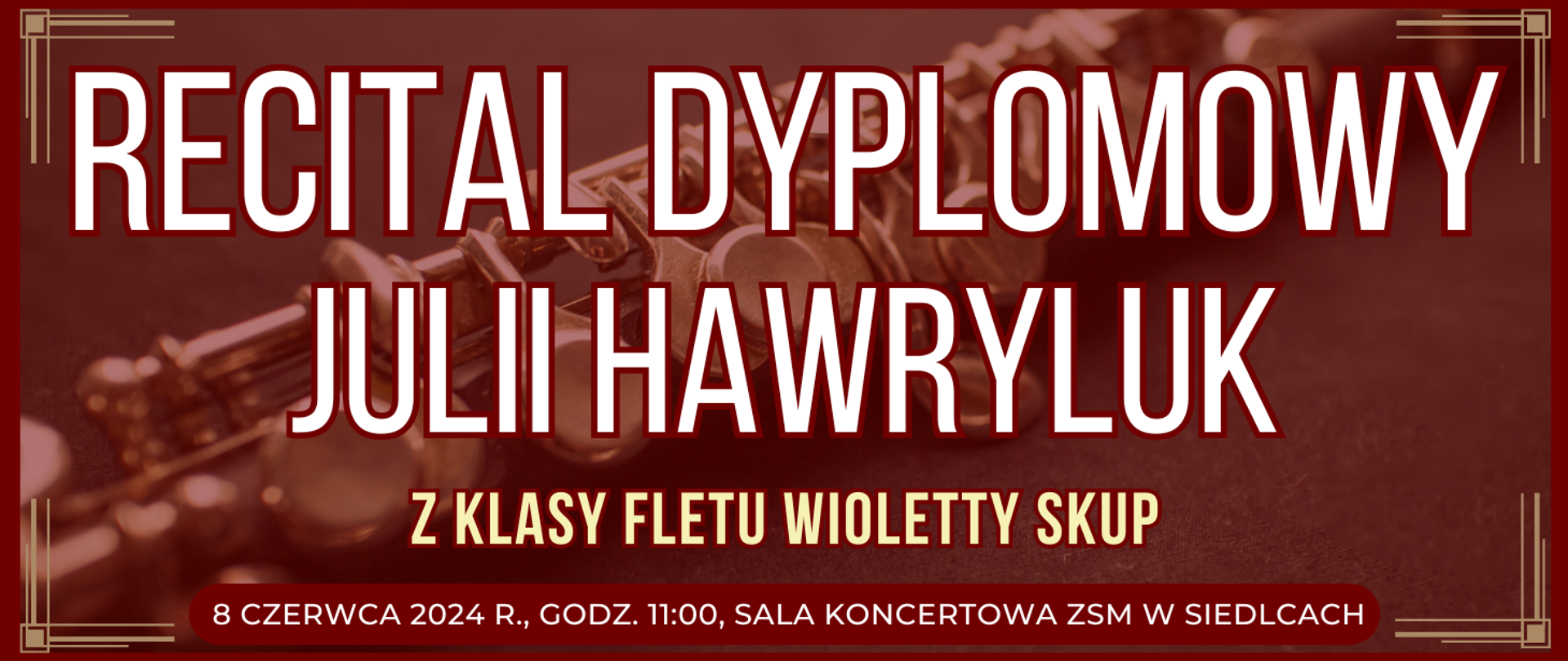 ciemne tło z widokiem fletu poprzecznego oraz informacje o wydarzeniu