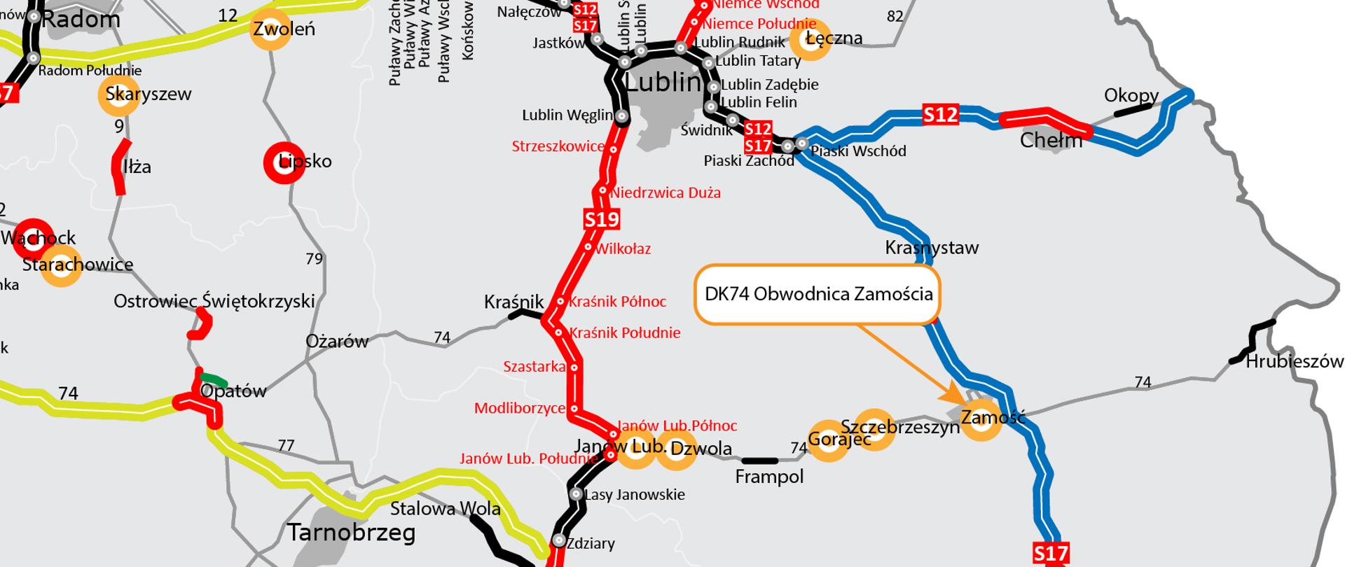 Mapa woj. lubelskiego z zaznaczoną obw. Zamościa