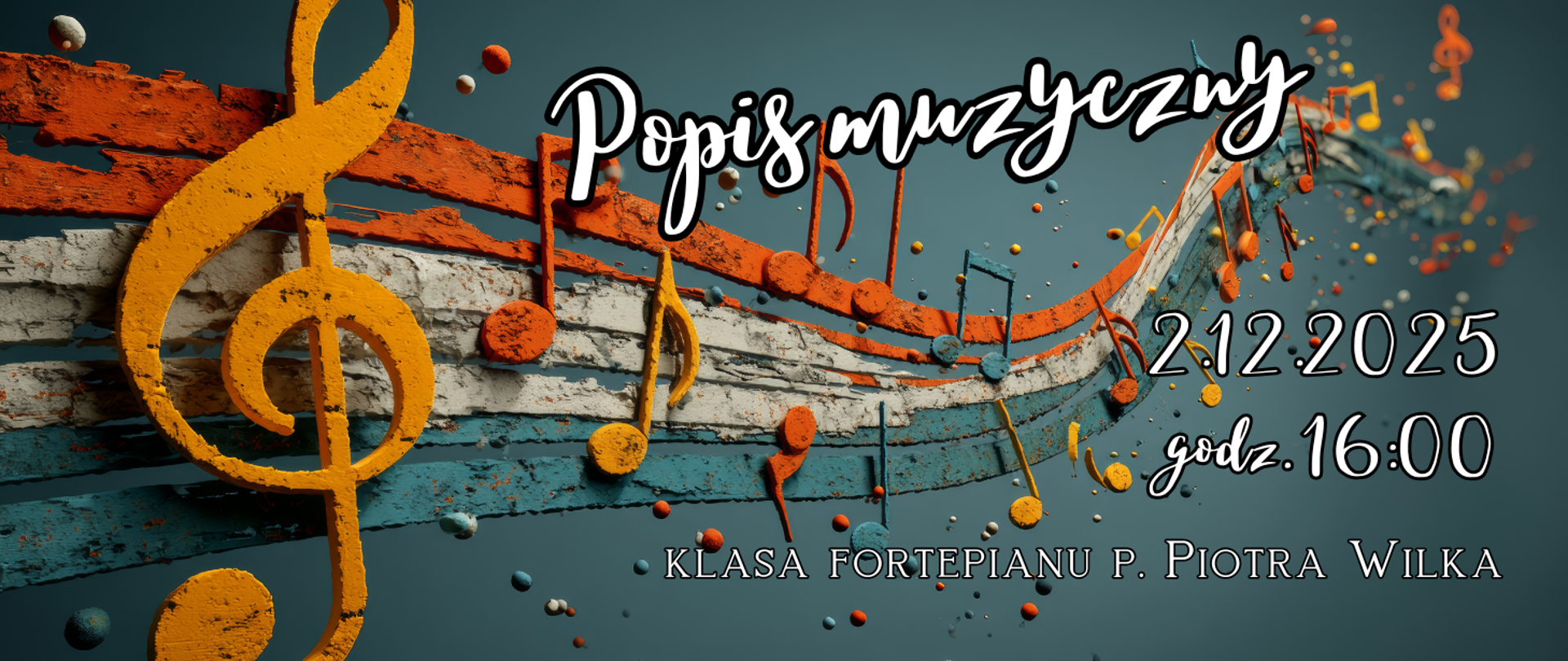 Na kolorowym tle z motywem klucza wiolinowego i pięciolinii informacja: Popis klasy fortepianu p. Piotra Wilka 02.12.2025r. godz. 16.00