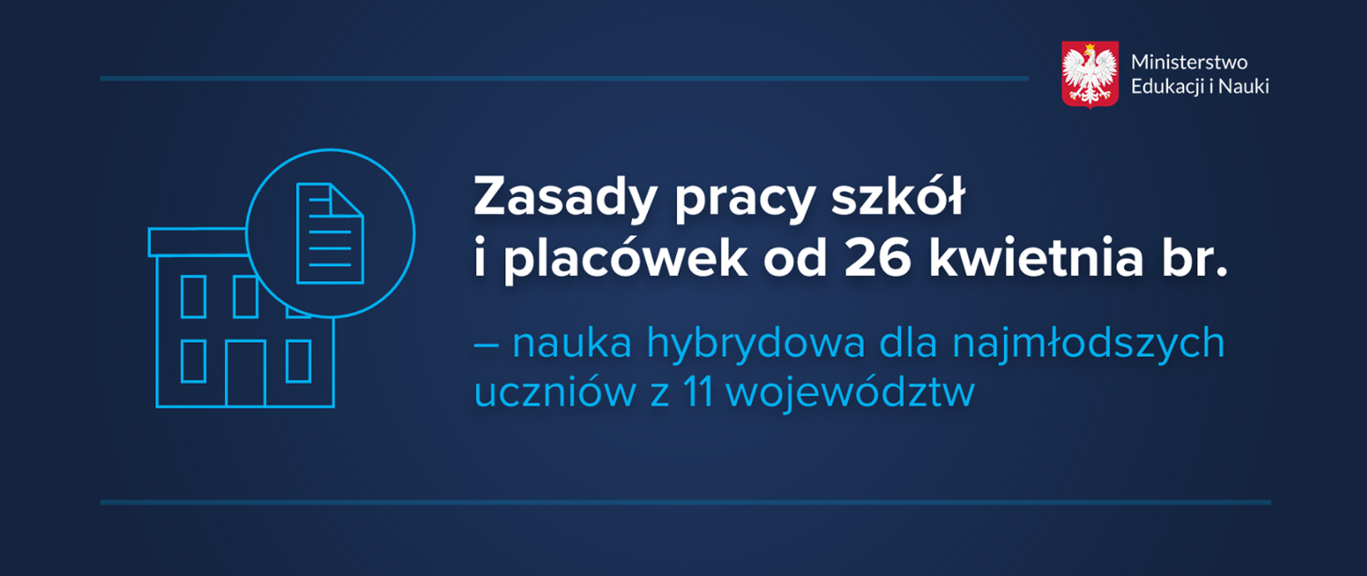 Niebieskie tło, po prawej stronie widoczna kartka papieru i budynek szkoły. W prawym górnym rogu godło Polski i napis Ministerstwo Edukacji i Nauki. Na środku napis - Zasady pracy szkół i placówek od 26 kwietnia bieżącego roku - nauka hybrydowa dla najmłodszych uczniów z 11 województw