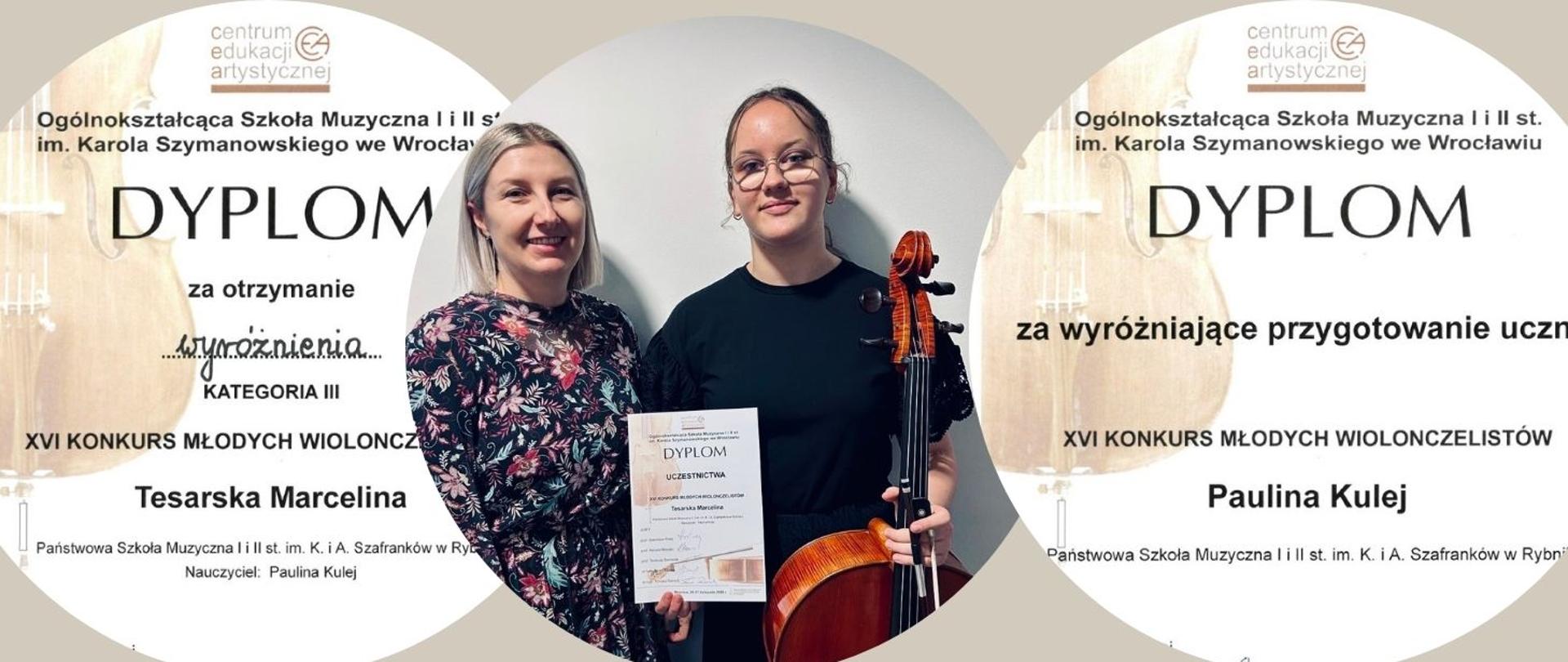 Na grafice znajdują się trzy zdjęcia umieszczone w kołach. Na środkowym zdjęciu znajdują się dwie kobiety: pianistka Anna Brachman i uczennica Marcelina Tesarska stojące obok siebie na tle jasnej ściany. Uczennica trzyma wiolonczelę i dyplom, obie uśmiechają się do aparatu. Po jego bokach znajdują się zdjęcia, na których widoczne są powiększone fragmenty dwóch dyplomów z Ogólnokształcącej Szkoły Muzycznej im. Karola Szymanowskiego we Wrocławiu — z lewej strony przyznany Marcelinie Tesarskiej za wyróżnienie w konkursie młodych wiolonczelistów, a z prawej strony Paulinie Kulej za wyróżniające przygotowanie ucznia.