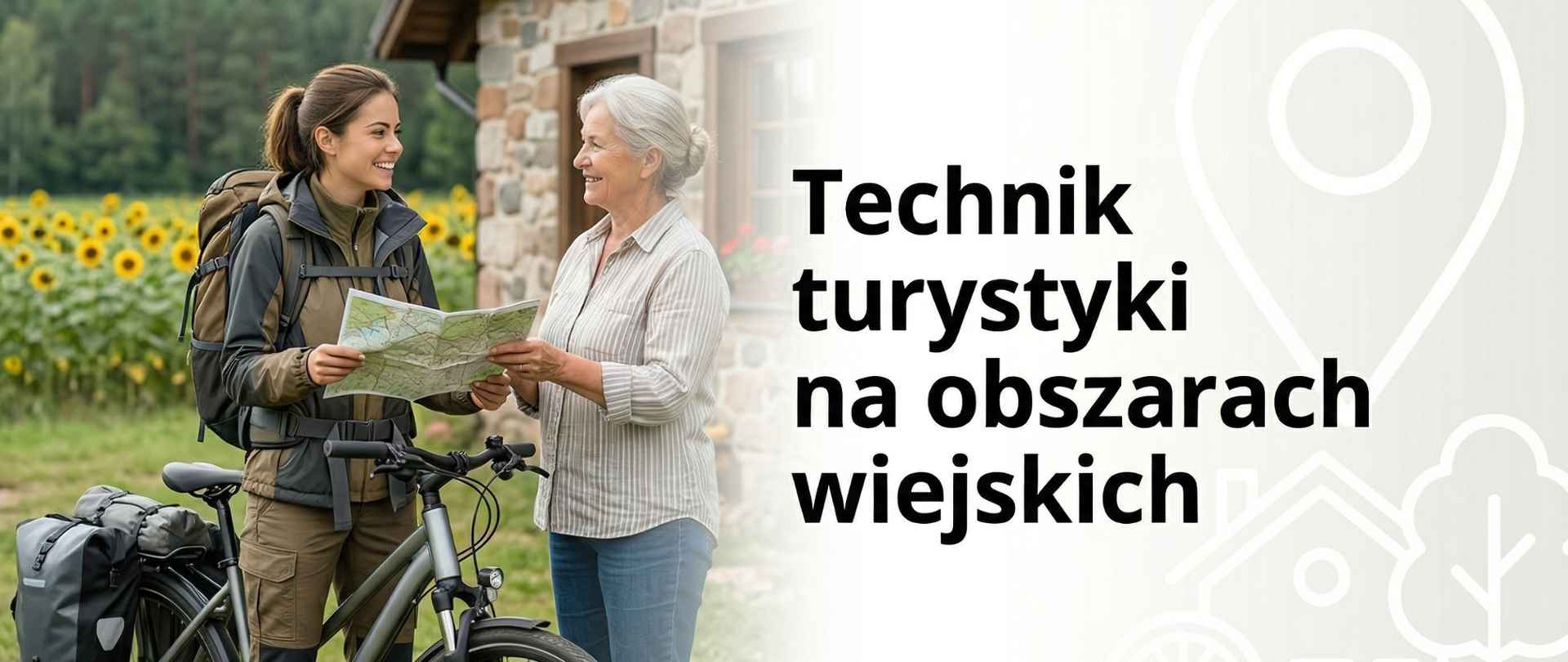 Baner promujący kierunek technik turystyki na obszarach wiejskich. Po lewej stronie młoda kobieta z rowerem i mapą rozmawia z uśmiechniętą starszą panią przed tradycyjnym domem. W tle pole słoneczników. Po prawej stronie napis „Technik turystyki na obszarach wiejskich” oraz ikona pinezki lokalizacyjnej i wiejskiego domku.