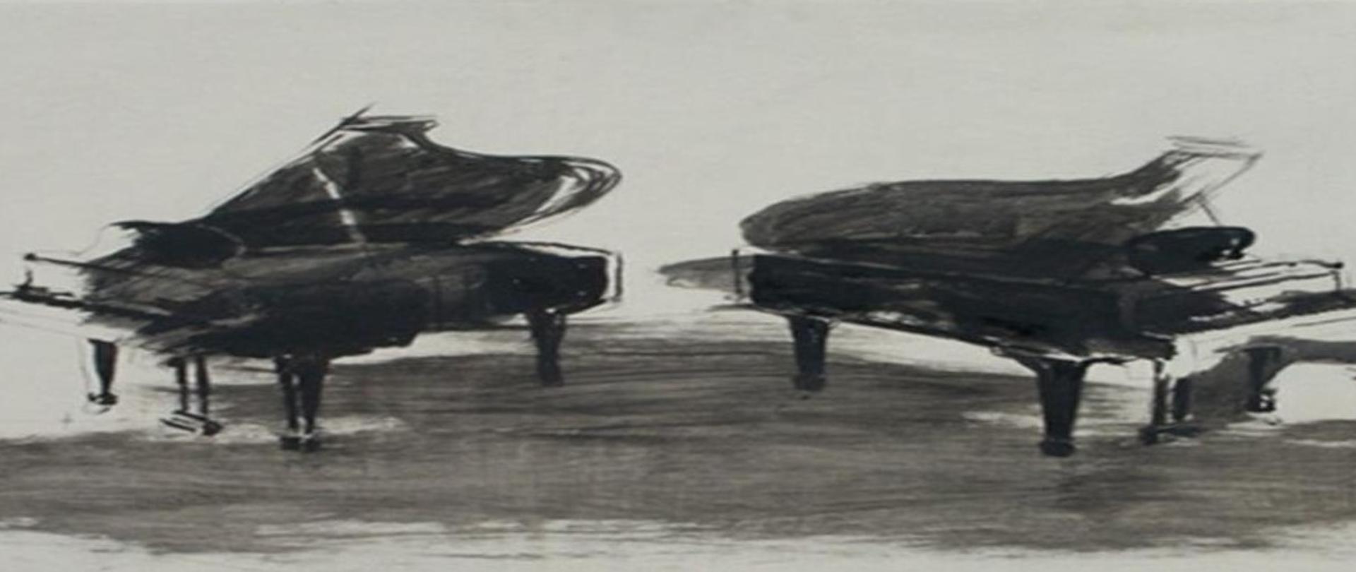 Plakat w formie ołówkowego szkicu przedstawia dwa czarne fortepiany na szarym tle ustawione względem siebie przeciwlegle symetrycznie po prawej i lewej części obrazu. Fortepiany są duże i zajmują około połowę całego obrazu. Przy prawym fortepianie siedzi pianista