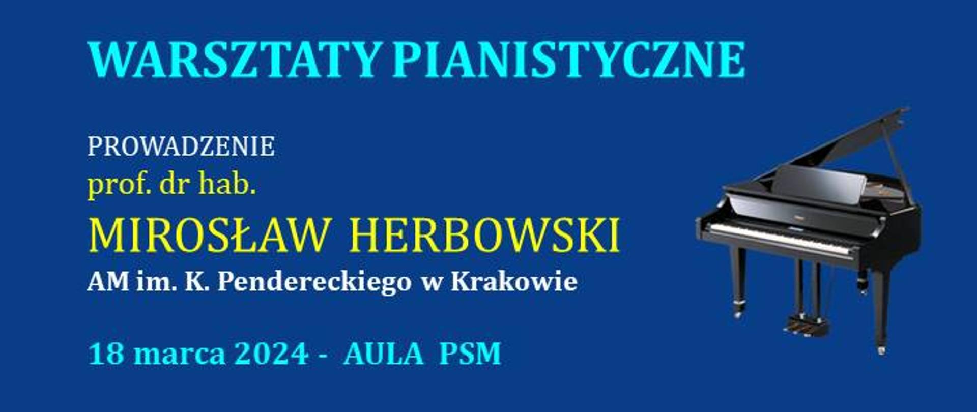 Afisz informujący o warsztatach pianistycznych 18.03.2024. Na niebieskim tle napis informacyjny. U góry klawiatura, z prawej strony mały fortepian.