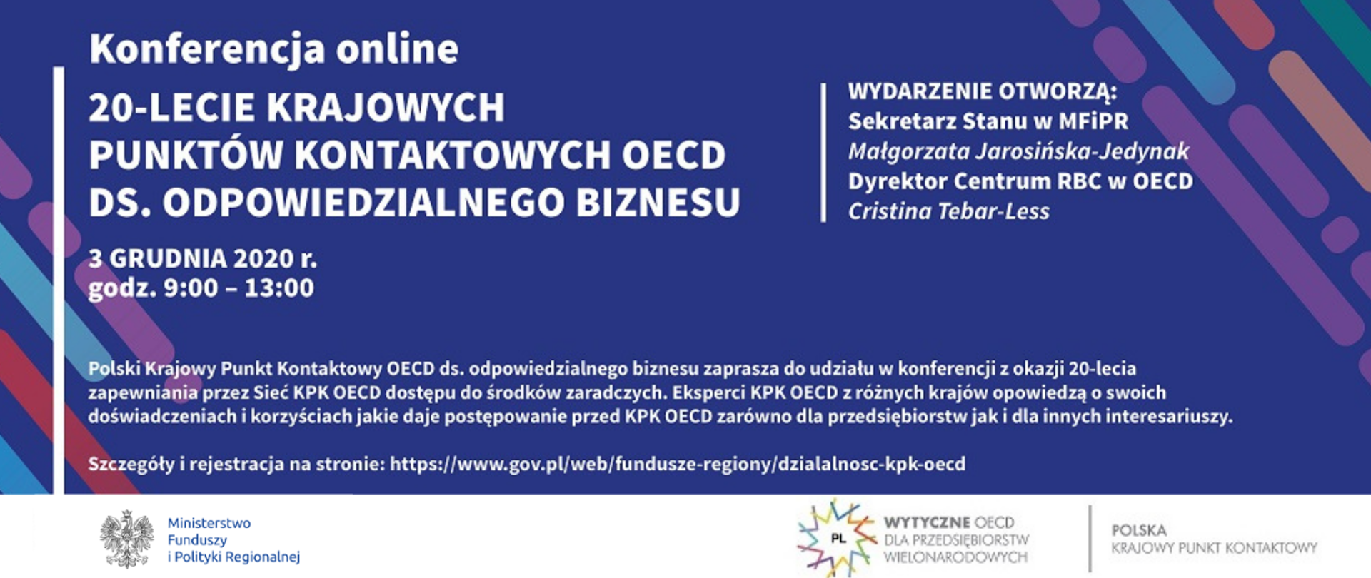 Na grafice treść zaproszenia na konferencję - 20 lat Krajowych Punktów Kontaktowych OECD ds. RBC, konferencja online, 3 grudnia 2020