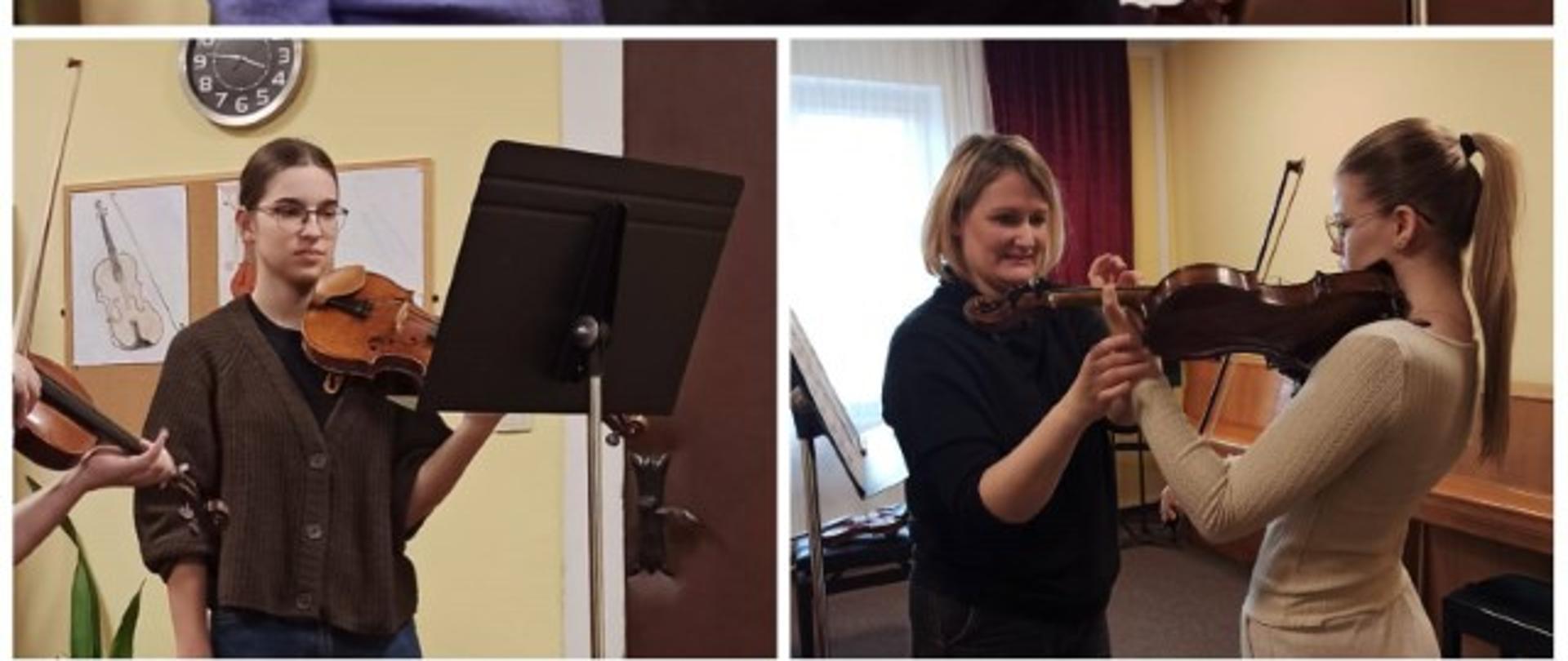 Zdjęcie kolorowe. Kolaż trzech fotografii dokumentujących lekcję gry na skrzypcach. Na górnym zdjęciu kobieta w czarnym golfie poprawia nuty na pulpicie, podczas gdy obok stoi młoda osoba ze skrzypcami przyłożonymi do ramienia. Na dolnym lewym zdjęciu młoda osoba w okularach i brązowym kardiganie gra na skrzypcach przed pulpitem z nutami. Na dolnym prawym zdjęciu kobieta (nauczycielka) pomaga młodej osobie w jasnej bluzce skorygować postawę i ułożenie instrumentu. W tle widoczne są ściany z rysunkami instrumentów, zegar oraz rośliny doniczkowe.