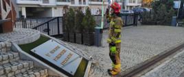 Strażak Państwowej Straży Pożarnej oddaje honor przed pomnikiem "W hołdzie pomorskim strażakom". 