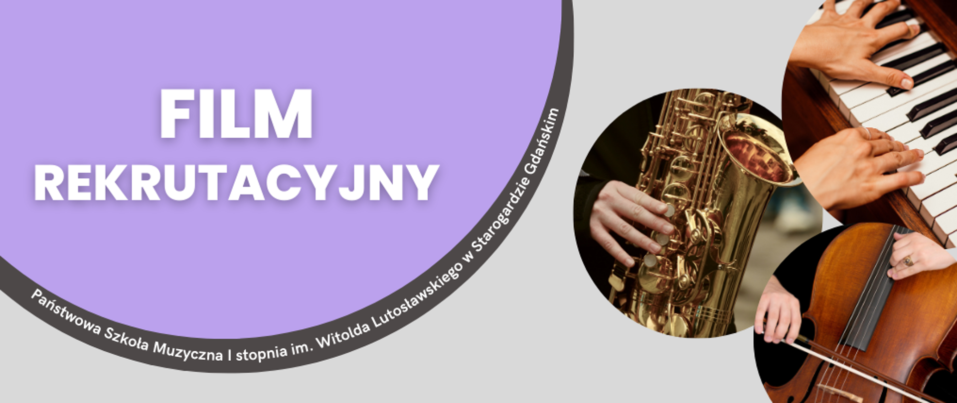Baner z grafiką instrumentów muzycznych. Duży napis FILM REKRUTACYJNY po lewej stronie w fioletowym półkole. 