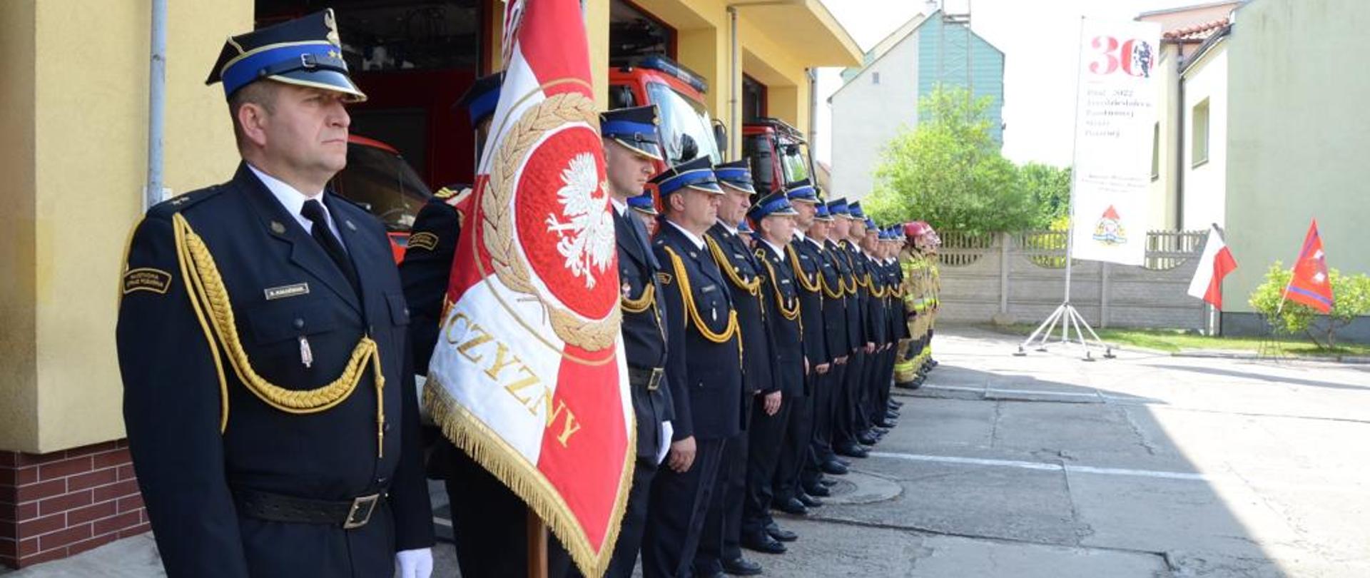 Strażacy stojący w szyku.