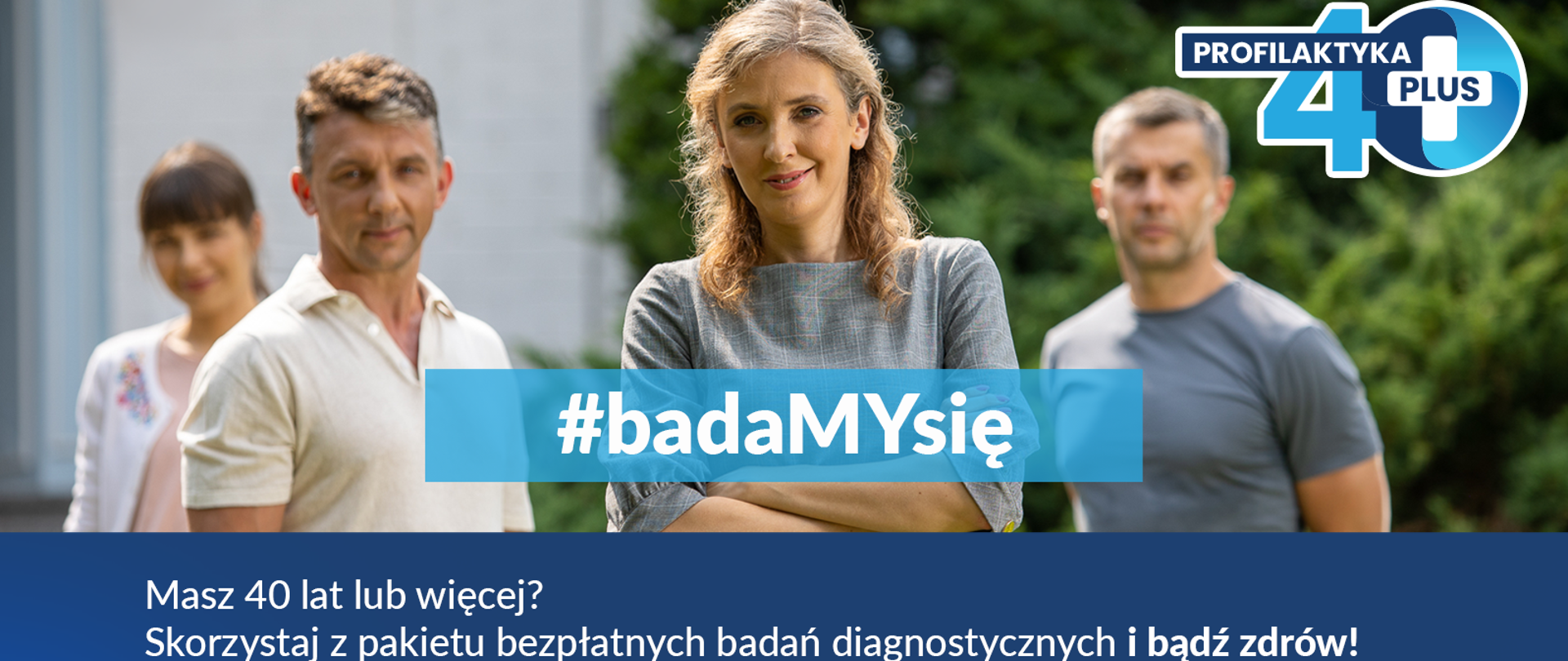 2 kobiety i 2 mężczyzn na tle zieleni i napis badamy się