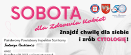 Plakat informujący o akcji „Sobota dla Zdrowia Kobiet” – bezpłatne badania cytologiczne dla kobiet w wieku 25–64 lata w Poradni Ginekologicznej w Siemiatyczach. Termin: 25 października 2025 r., godz. 9:00–14:00. Zapisy telefoniczne do 22 października pod numerem 500 652 680. Dodatkowo pomiar ciśnienia i poziomu glukozy we krwi.