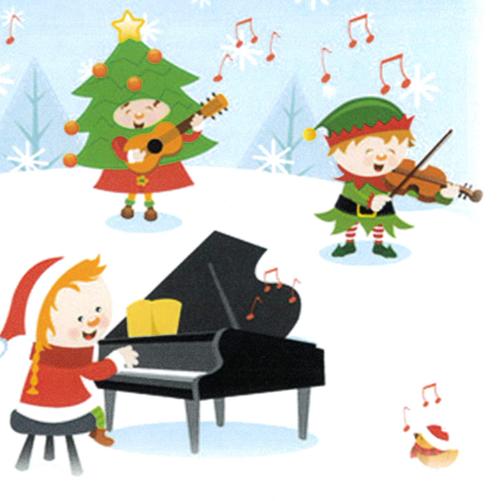 Grafika na białym tle z niebieską ramką. Dzieci stoją na śniegu, poprzebierane są w świąteczne stroje, grają na instrumentach. 