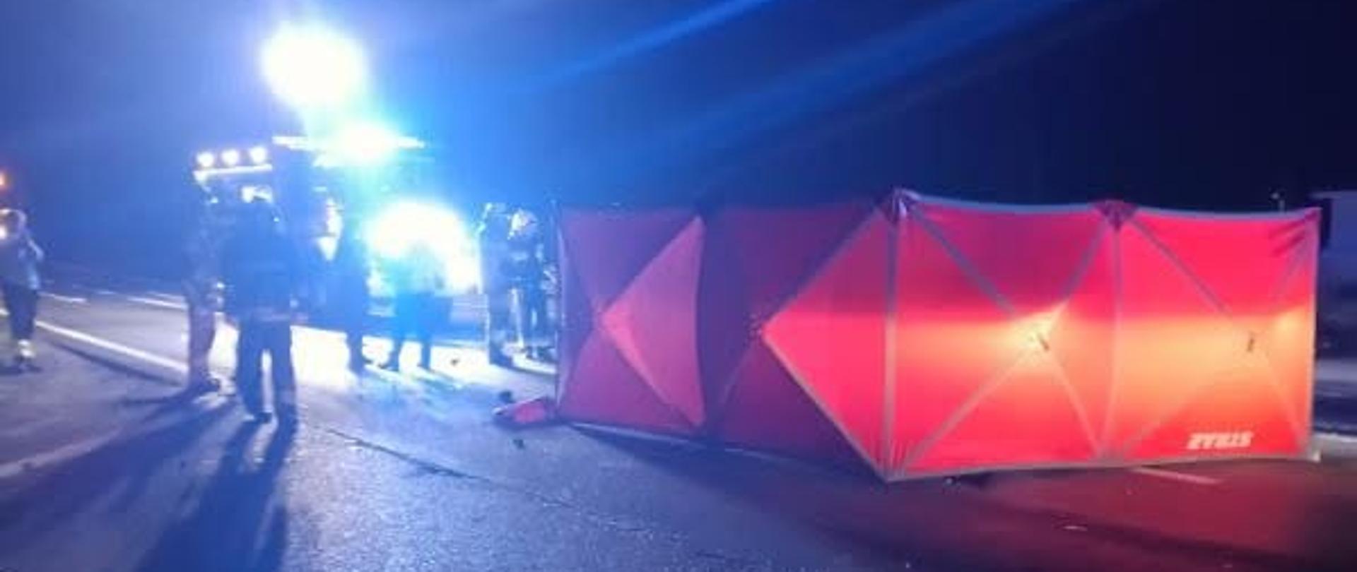 Strażacy PSP i OSP po sprawieniu parawanu ochronnego oraz sprzętu oświetleniowego.