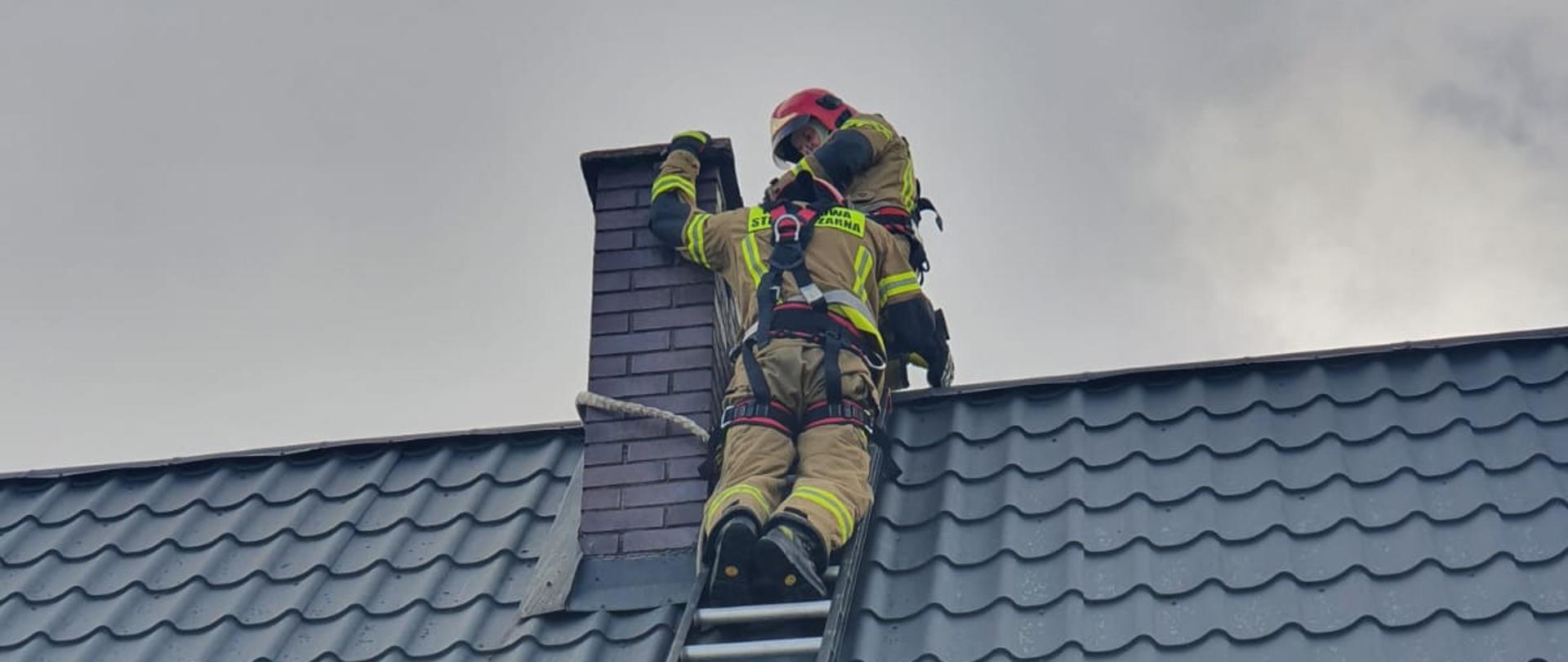 Strażacy na drabinę na dachu obok komina