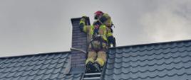 Strażacy na dachu obok komina prowadza działania.